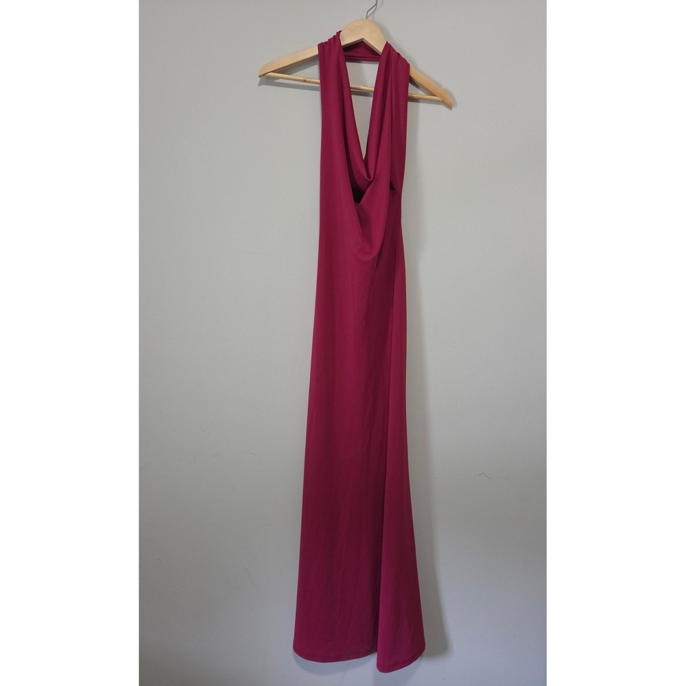 Zara Womens Magenta Pink Cowl Neck Halter Open Back Maxi Dress‎ Size L Stretch